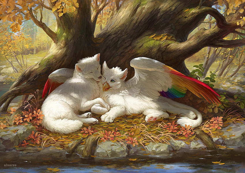 Friends, wings, alsares, white, fantasy, art, wolf, griffin, griphon, luminos HD wallpaper