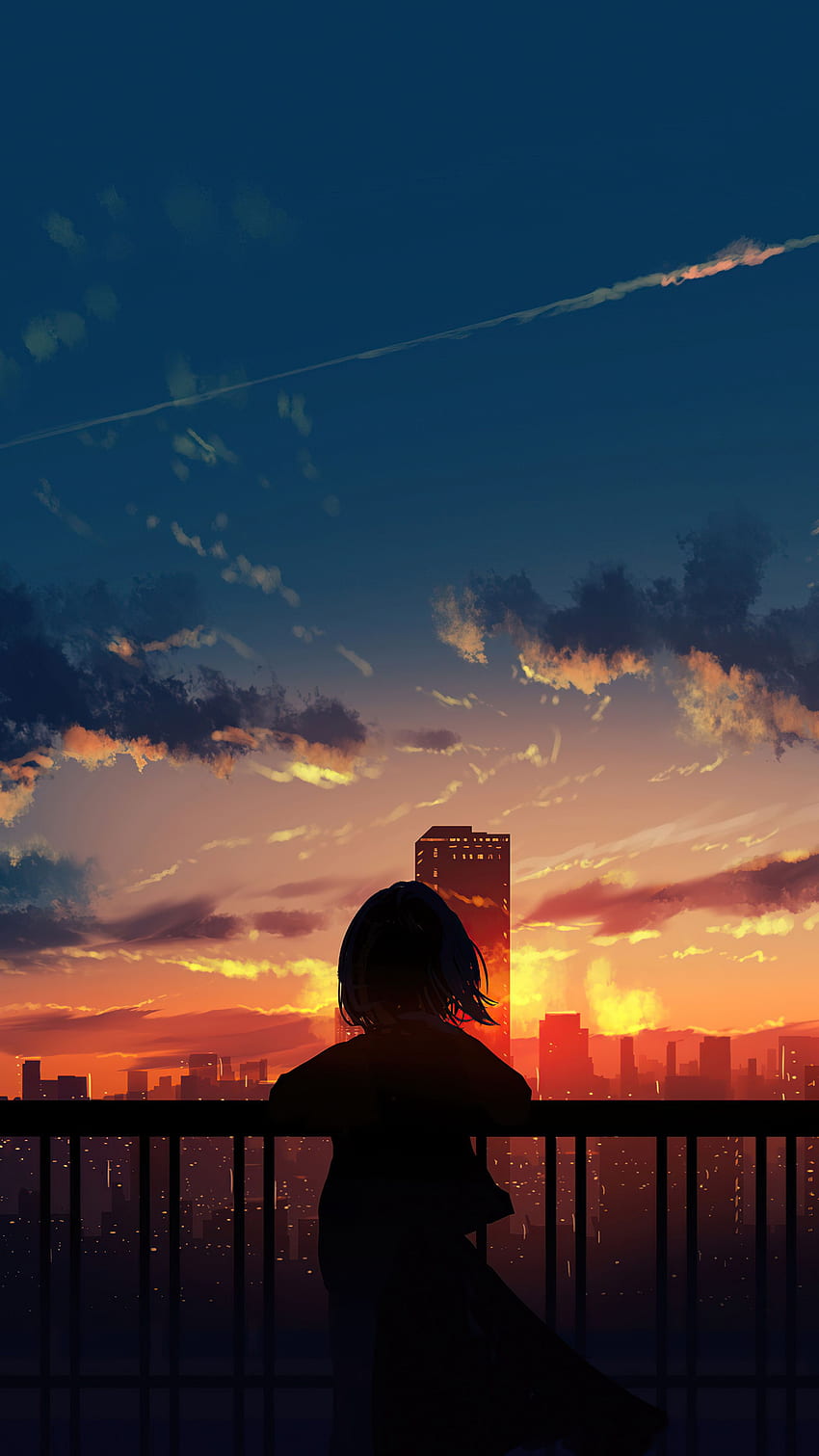 pequeño anime, nube, cielo, ciudad, niño, puesta de sol, salida del sol fondo de pantalla del teléfono