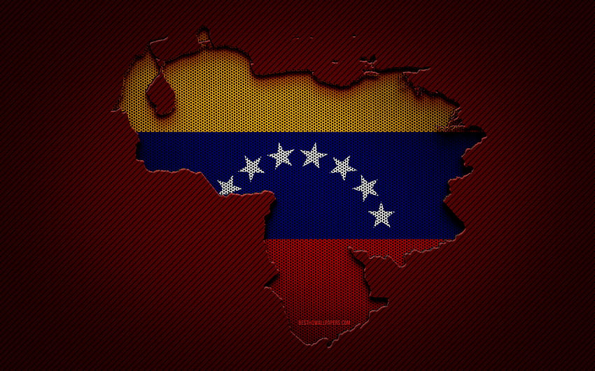 Mapa Wenezueli, kraje Ameryki Południowej, flaga Wenezueli, czerwone tło węgla, sylwetka mapy Wenezueli, flaga Wenezueli, Ameryka Południowa, mapa Wenezueli, Wenezuela, flaga Wenezueli Tapeta HD