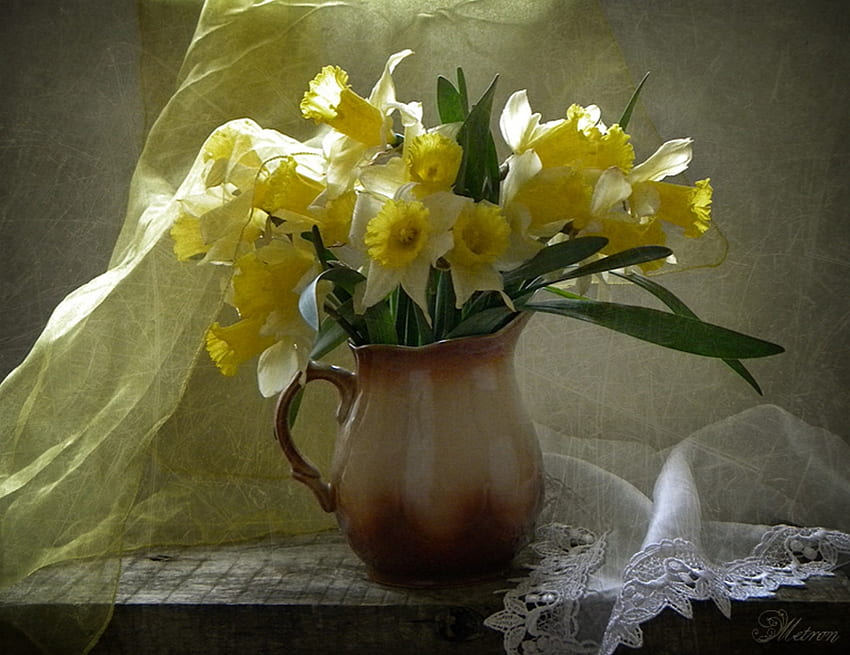 Daffodils, Flowers, Yellow, jug, Spring HD wallpaper