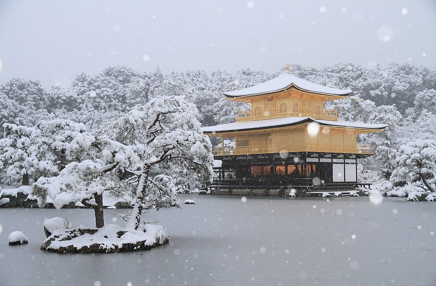Winter Lake Snow Pretty Shrine Cenário Kyoto Temple Kinkaku Japanese papel de parede HD