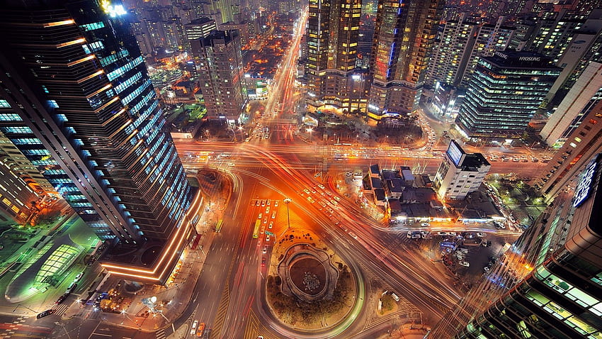 дълга експозиция, светлинни следи, Сеул, пейзаж, път, магистрала, град, Сеул през нощта HD тапет