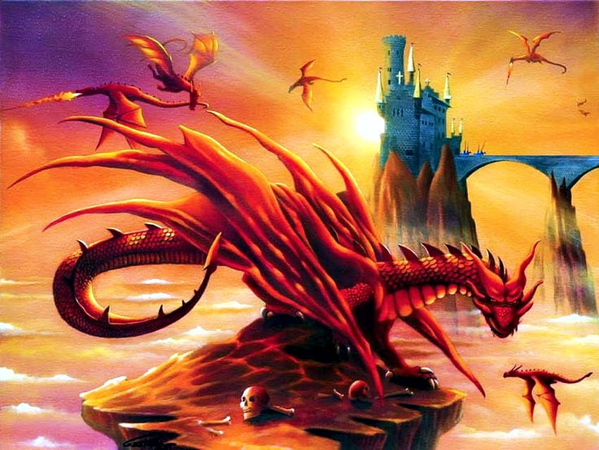 Battle at the Magic Hour, dragons, art, sky, castle, sun, fire, rocks HD wallpaper