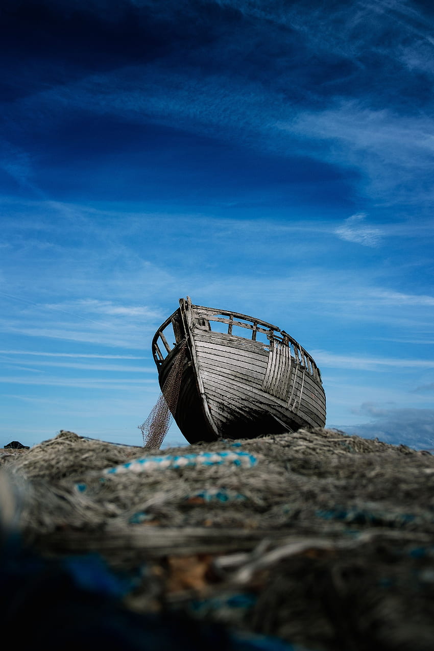 Wrecked Wooden Boat and a Blue Whispy Sky Phone Background - For Tech HD phone wallpaper