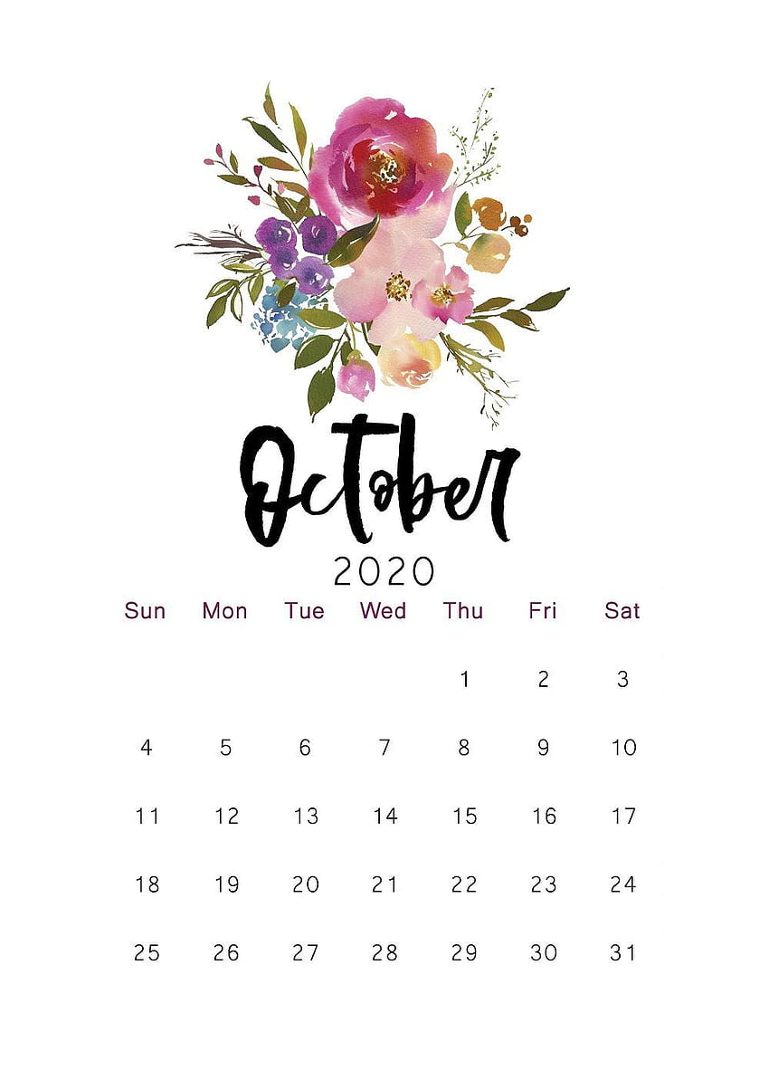 Printable Calendar Floral, Watercolor Calendar, Letter Size, A4 Size, 12 Month Calendar, Monthly Calendar in 2020. Print calendar, Calendar , Printable calendar, October 2020 Calendar HD phone wallpaper