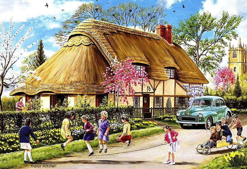 Summer Cottage, obras de arte, crianças, carro, casa, vintage papel de parede HD