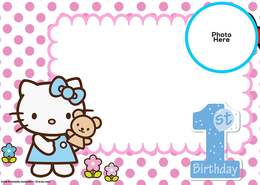 Plantilla de invitación de Hello Kitty 1st Birtay, Happy Birtay Hello Kitty fondo de pantalla