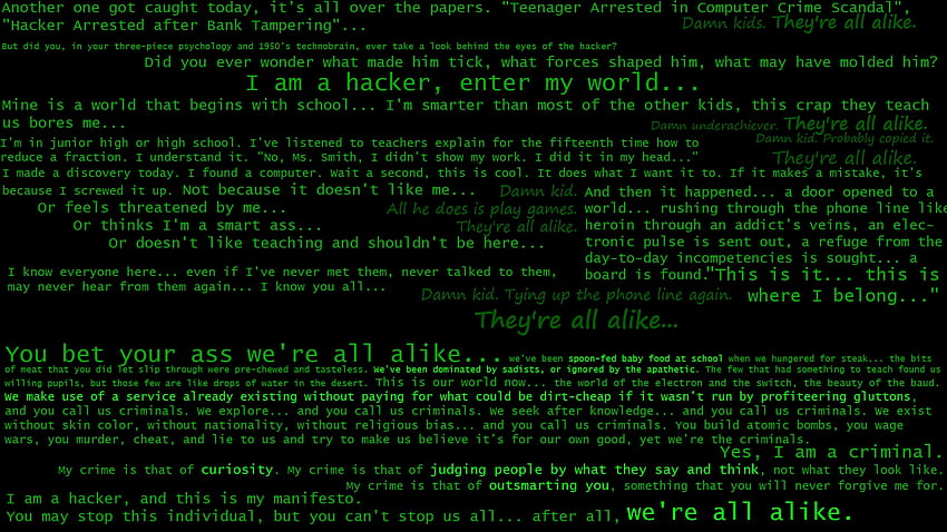 alıntılar bilgisayar korsanları manifestosu siyah arka plan yeşil metin Yüksek Kalite , Yüksek Çözünürlük , Hacker Green HD duvar kağıdı