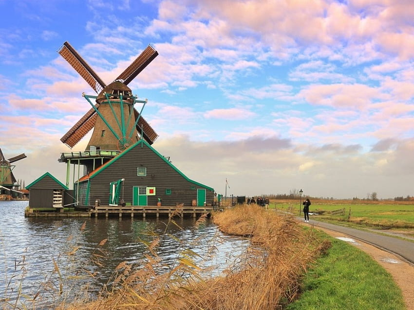Windmill in the Netherlands, clouds, road, sky, field HD wallpaper