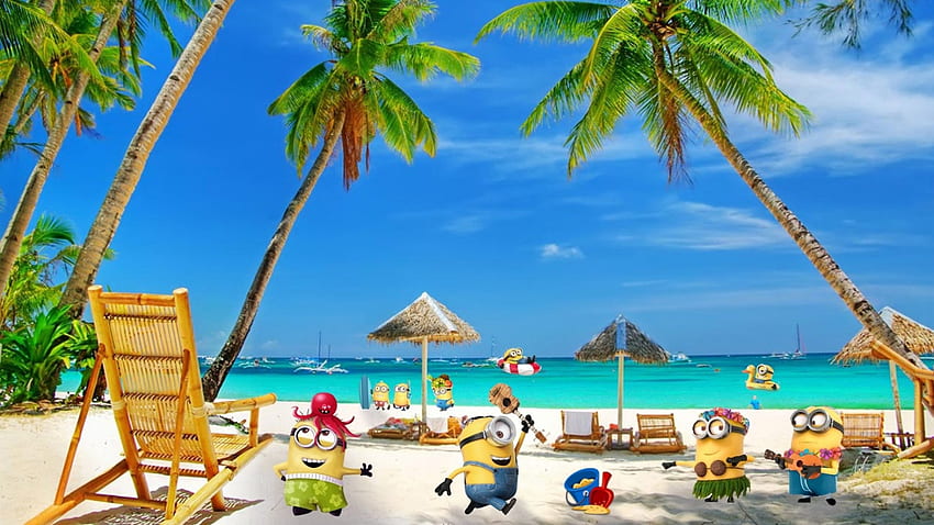 Minions at the Beach, island, summer, recreation, tropical, Despicable Me, palm trees, minions, beach HD wallpaper