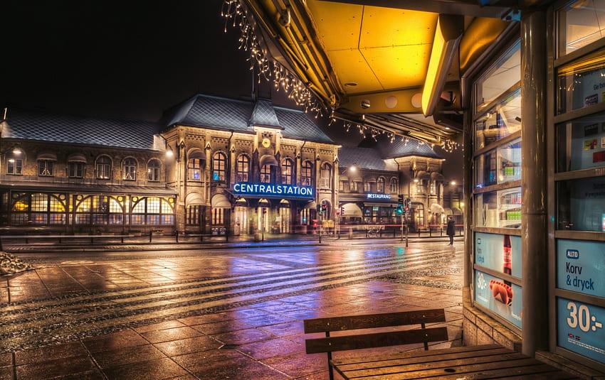 cuadrado, estación central en gotemburgo, suecia r, luces, noche, r, staion fondo de pantalla