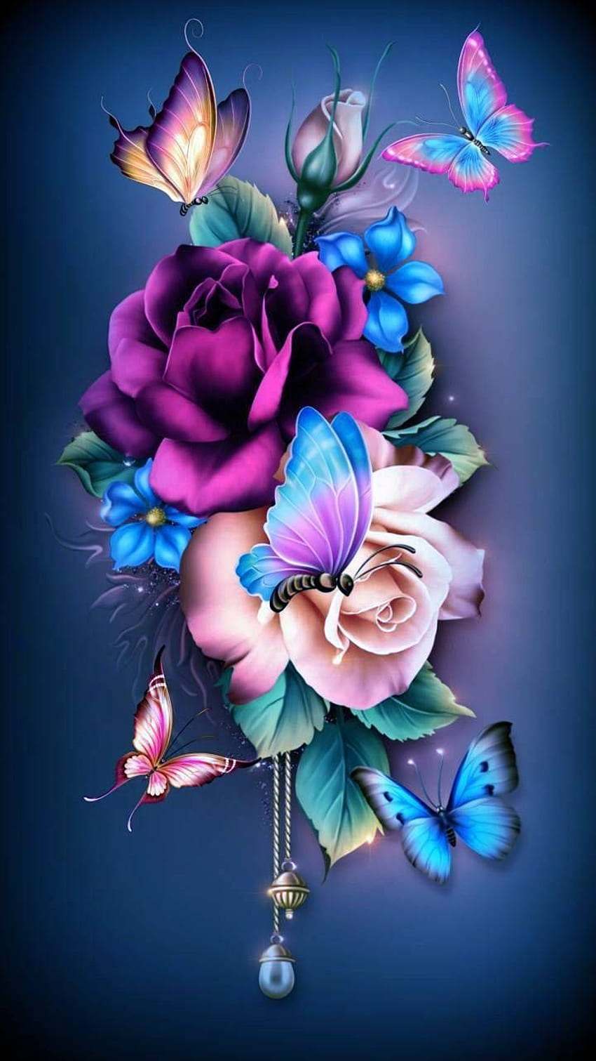 フラワーズ。 蝶の背景、バラの花、花、蝶の花 iPhone HD電話の壁紙