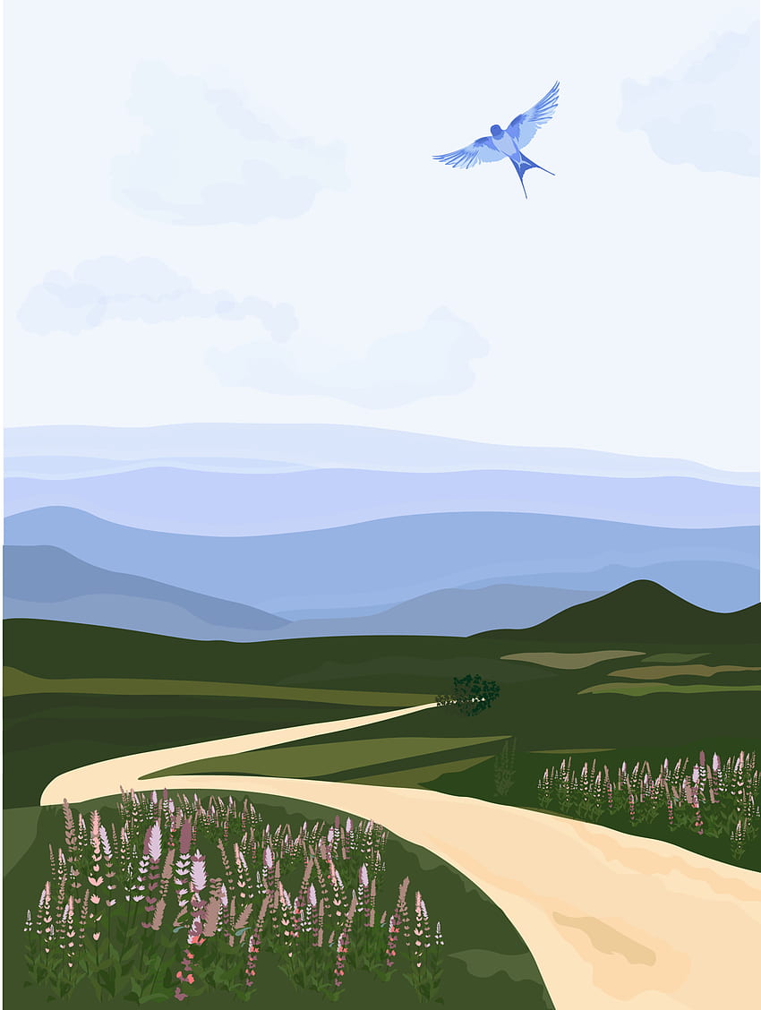 晴れた日の草原ベクトル ストック イラスト。 自然の垂直。 緑の野原、丘、道路、森の空の景色、雲、鳥、山、霧。 白い背景上に分離。 7060255 Vecteezy、Road Vertical のベクター アート HD電話の壁紙