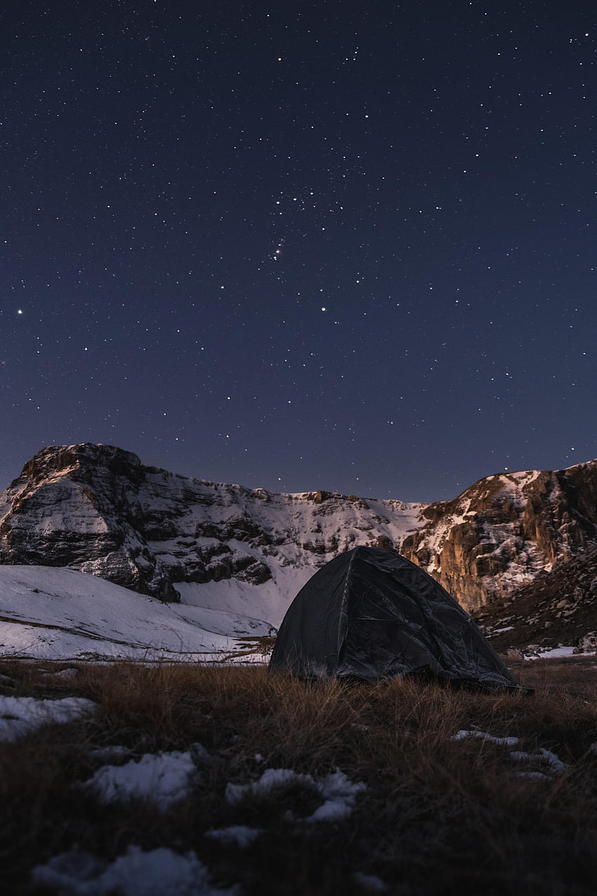 Natur, Berge, Sterne, Nacht, Verschiedenes, Verschiedenes, Schneebedeckt, Eingeschneit, Zelt, Camping, Campingplatz HD-Handy-Hintergrundbild