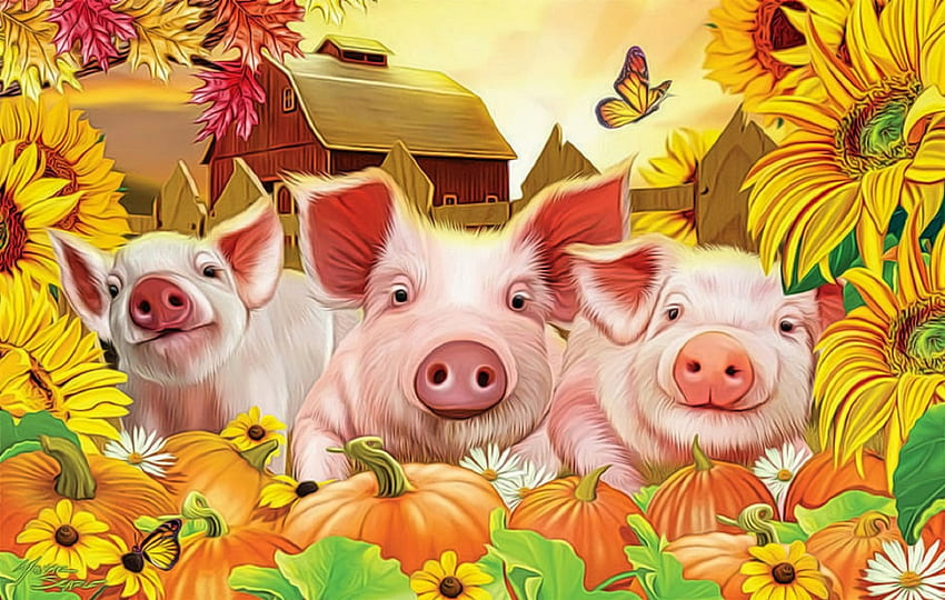 ★Bright Pig Pen in Autumn★, pumpkins, butterflies, sunflowers, animals, bright, drawings, autumn, butterfly designs, fall season, attractions in dreams, fall, farm, paintings, beautiful, lovely flowers, seasons, creative pre-made, outdoor, love four seasons, pigs, leaves, yellow, nature, bright pig pen, lovely HD wallpaper