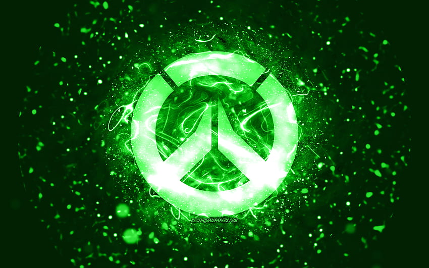 Overwatch logotipo verde, verde neon luzes, criativo, verde abstrato de fundo, Overwatch logo, jogos online, Overwatch papel de parede HD