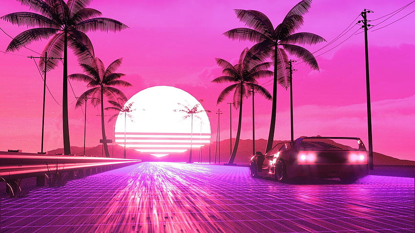 / дигитално, цифрово изкуство, произведение на изкуството, илюстрация, линии, слънце, слънчеви лъчи, изгрев, залез, път, кола, превозно средство, транспорт, дървета, палми, лято, слънчева светлина, природа, пейзаж, небе, небесен пейзаж, цветен, светлини, vaporwave, Retrowave, 80-те Palm Tree Sunset HD тапет