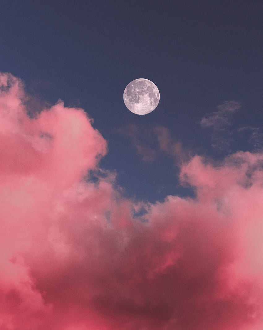 Природа, Небе, Розово, Облаци, Луна, Пълнолуние HD тапет за телефон