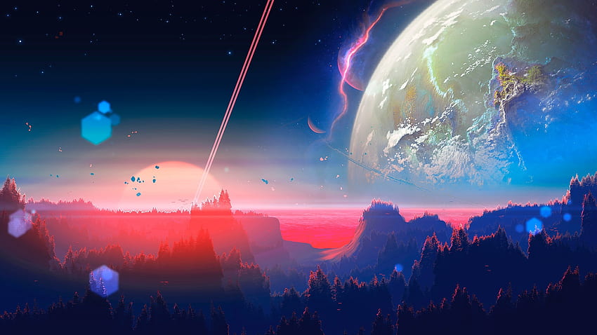 Espacio exterior, fantasía, horizonte, planeta, arte. fondo de pantalla