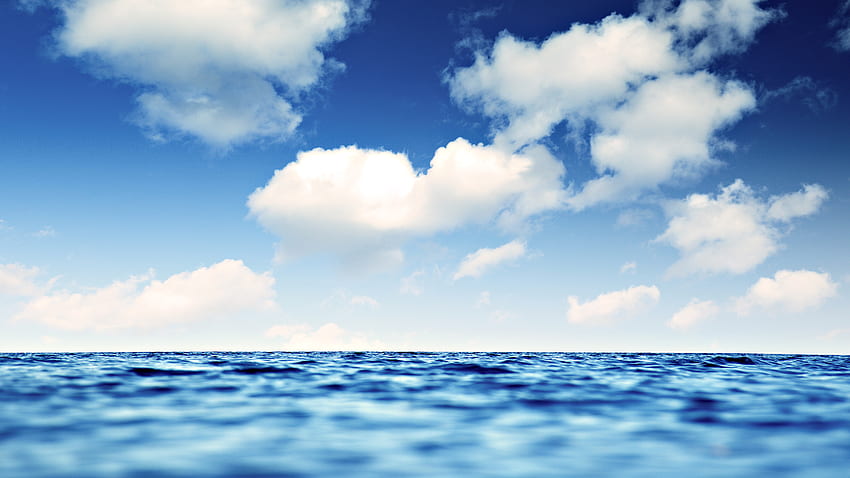 海の上の青い空、青、青い空、雲、空、水、海 高画質の壁紙