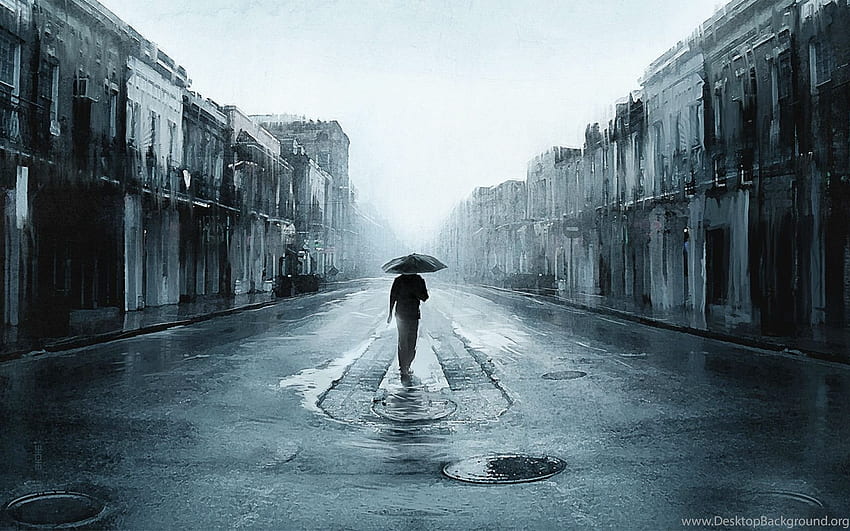 Black White Rain In City Background HD wallpaper