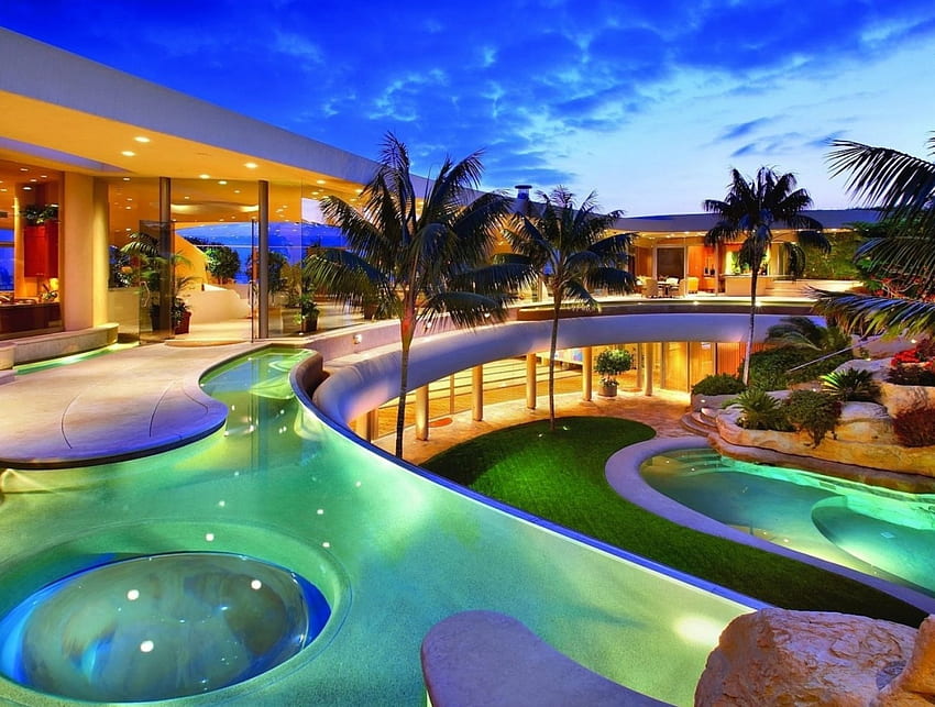 Sunrise Villa, exterior, palm, house, homee, sunrise, desigen, clouds, pool, swimming pool HD wallpaper
