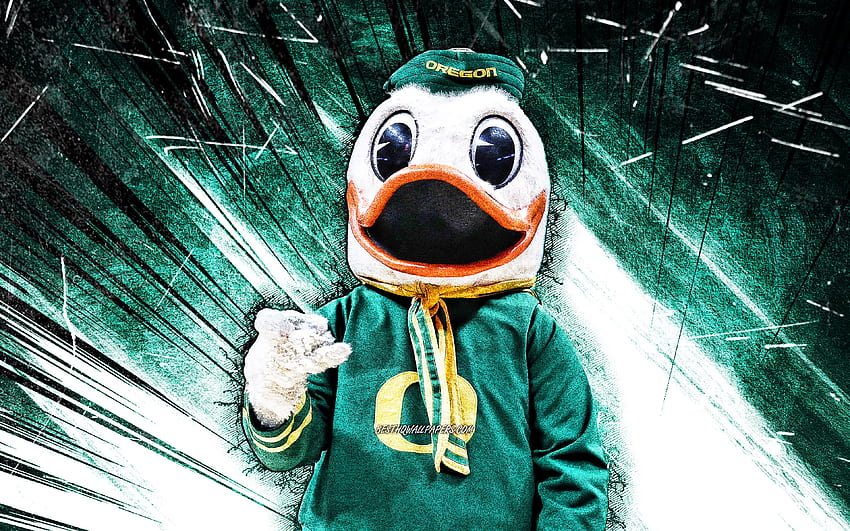 The Oregon Duck, grunge art, mascot, Oregon Ducks, NCAA, green abstract rays, Oregon Ducks mascot, NCAA mascots, official mascot, The Oregon Duck mascot HD wallpaper