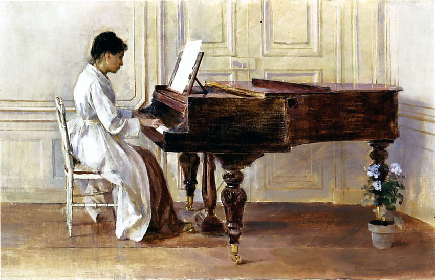 At the Piano, art, beautiful, illustration, Theodore Robinson, artwork, musical instrument, wide screen, Old Master, Robinson, painting, piano, portrait HD wallpaper