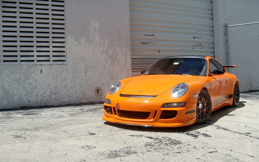 Porsche 997 gt3 rs, gt3 rs, 997, orange, gt3 pc, wheels, shutters, building, porsche, wall, railing HD wallpaper