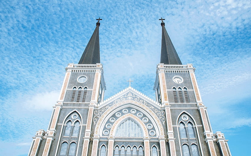 Chiesa in Thailandia, chiesa, torri, gotico, Thailandia, orologio, croci Sfondo HD