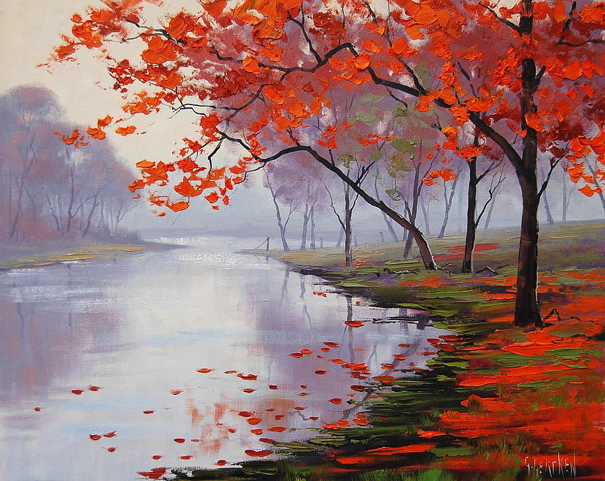 pinturas natureza árvores folhas de outono obra de arte rios árvores de folha caduca – papel de parede HD