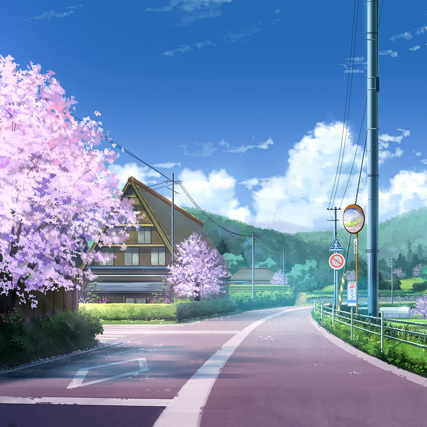 벚꽃, 애니메이션 풍경, 경치, 거리, 3000X3000 애니메이션 HD 전화 배경 화면