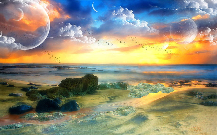 Puesta de sol en la playa de fantasía completa, puesta de sol de ciencia ficción fondo de pantalla