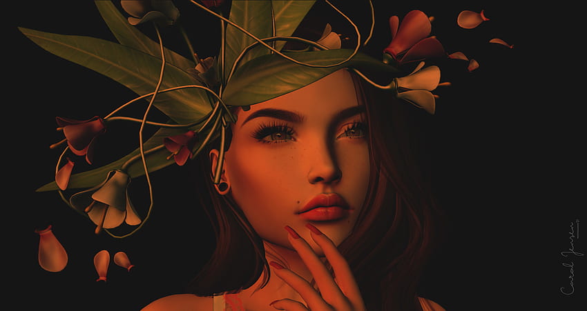 Kwiaty, sztuka, liście, 3D, dziewczyna, twarz, wieniec Tapeta HD