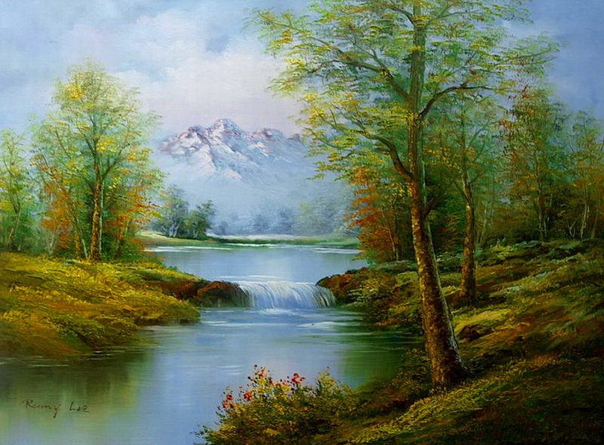 Sungai pegunungan yang tenang, sungai, sungai kecil, puncak, minyak, ketenangan, bagus, tenang, pantai, refleksi, lukisan, pohon, bersalju, indah, gunung, aliran, cantik, alam, langit, menyenangkan, ketenangan, aliran Wallpaper HD