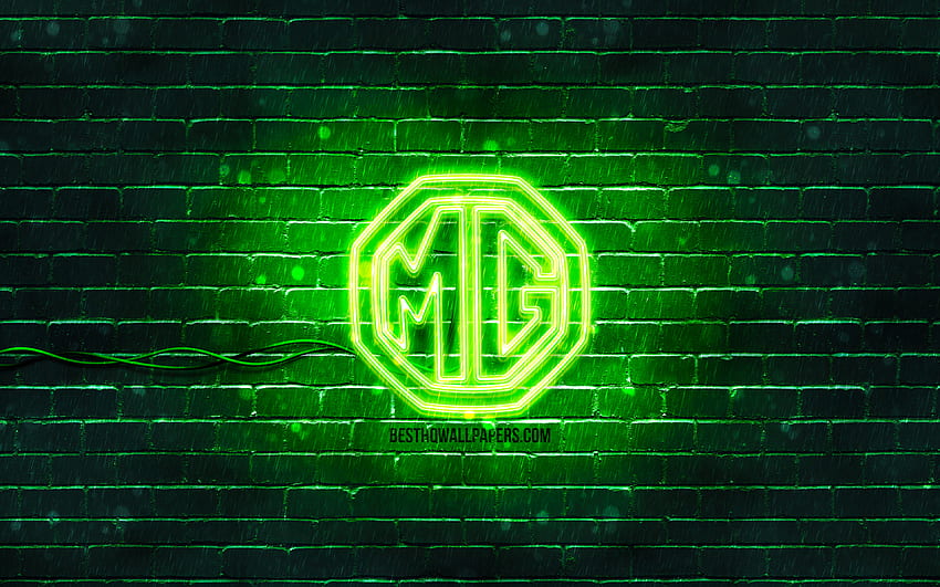 Logotipo verde de MG, pared de ladrillo verde, logotipo de MG, marcas de automóviles, logotipo de neón de MG, MG para con resolución. Alta calidad, HP Omen Green fondo de pantalla
