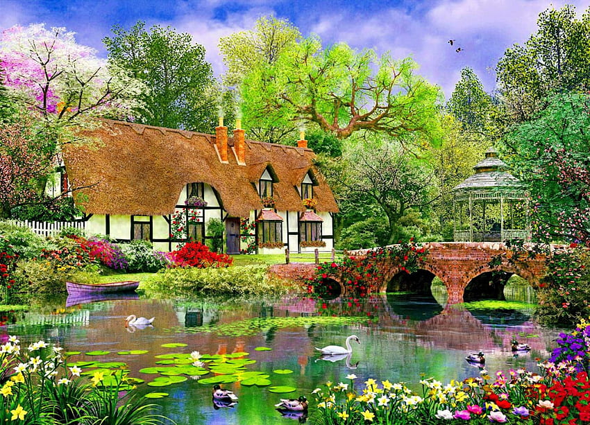 Paradise place, boat, place, spring, painting, blossoms, trees, pond, art, manor, house, flowering, paradise, beautiful, lake, summer, freshness, blooming, bridge, flowers, cottage, lilies, countryside HD wallpaper