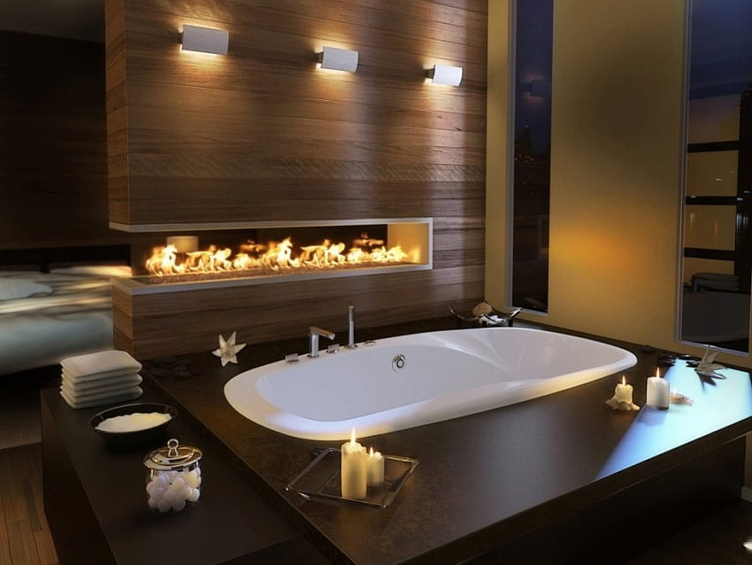 Modern bathroom design, style, design, room, bath, fireplace HD wallpaper