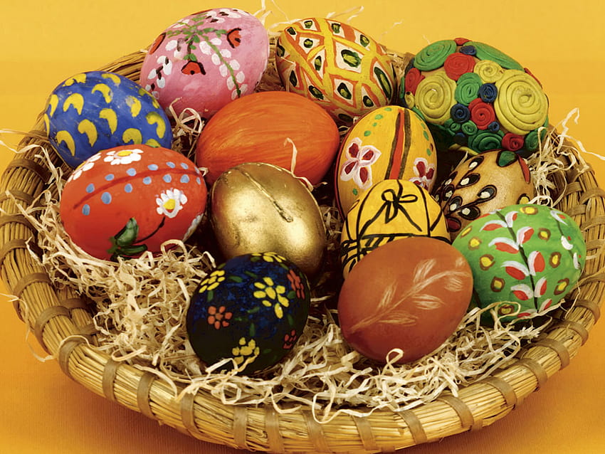 Easter basket, basket, decoration, painted, easter, eggs HD wallpaper