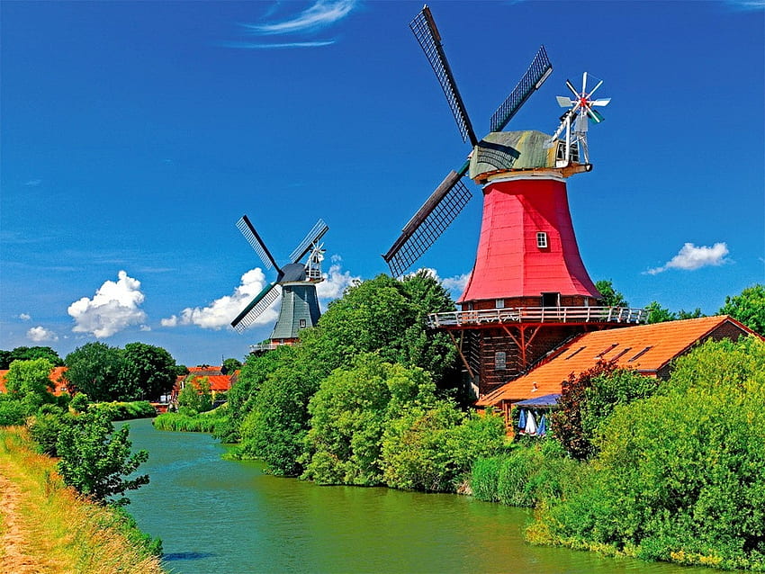 Greenery Summer Windmill, river, windmill, creek, serenity, summer, clouds, nature, calm, stream HD wallpaper