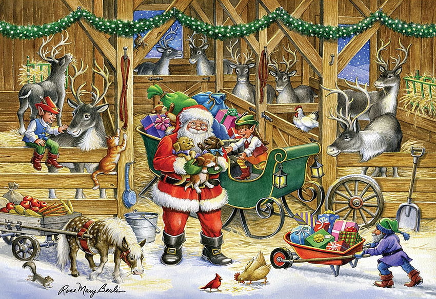 Reindeer Barn, trolls, sleigh, painting, christmas, snow, gifts, santa, pony HD wallpaper