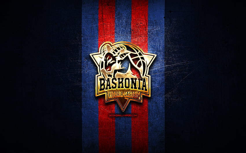 Saski Baskonia, golden logo, ACB, blue metal background, spanish basketball team, Saski Baskonia logo, basketball, Baskonia Vitoria-Gasteiz HD wallpaper