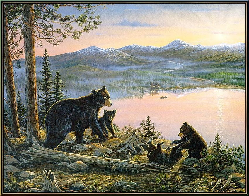 über dem See, Bären, Kanu, Baumstamm, Bäume, Jungtiere, See, Hütte HD-Hintergrundbild