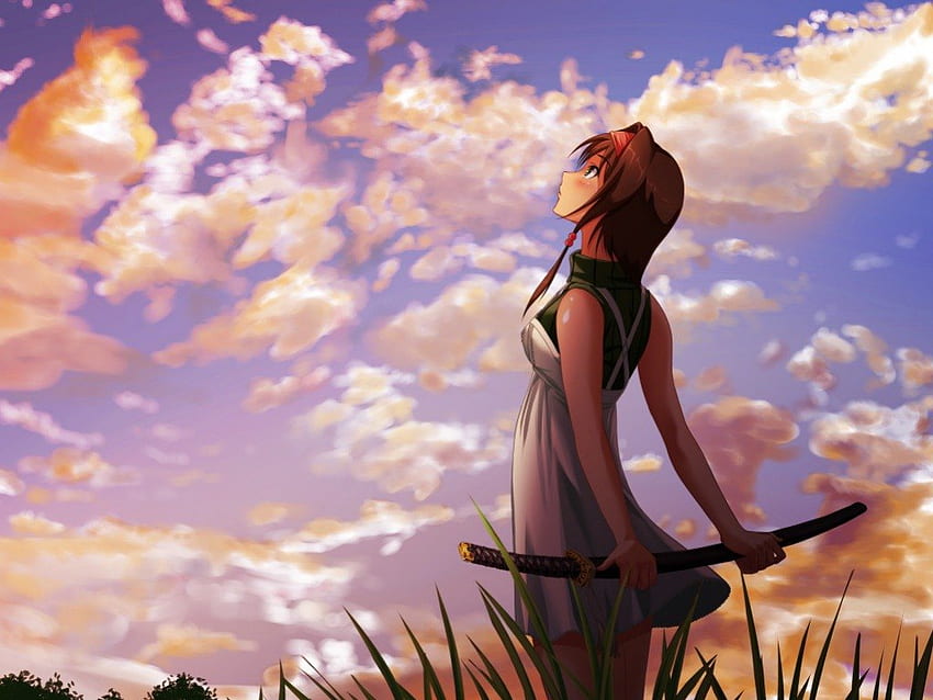 Chica mirando al cielo, chica, hermosa, anime, espada. fondo de pantalla