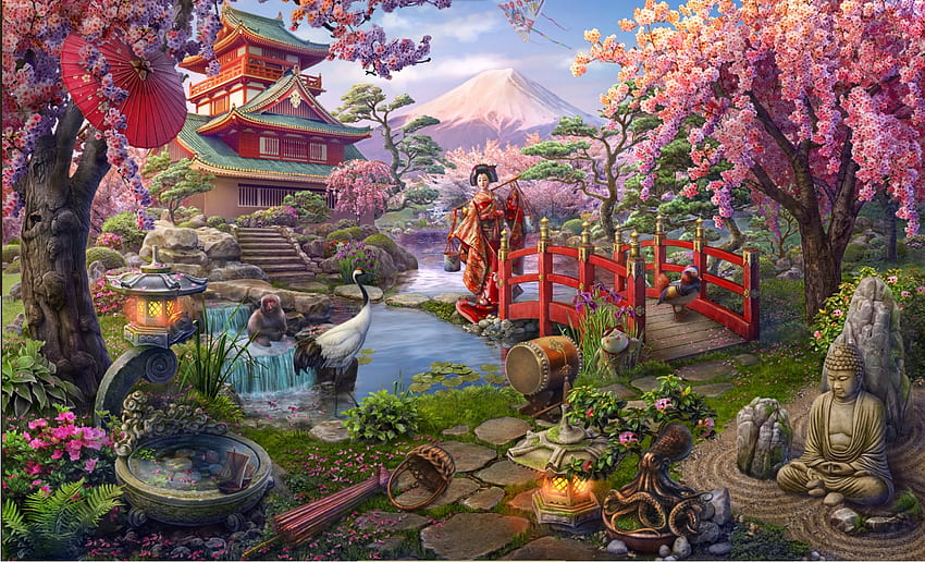 Hidden City Japanese Garden, japoneses, asiático, cerezo, flores, juego, puente, pavo real, mujer fondo de pantalla