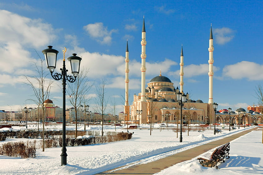 Ciudades, Nieve, Mezquita, Chechenia, Minarete fondo de pantalla