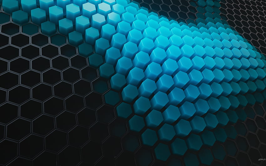 Hexagons , Patterns, Cyan background, Cyan blocks, Abstract, Black and Blue Abstract HD wallpaper