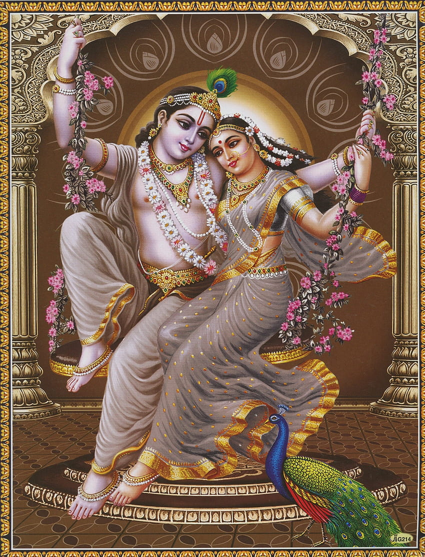 Arte de Krishna, Krishna e Radha. Impressão de pôster devocional hindu estilo vintage, Radha Krishna Swing Papel de parede de celular HD