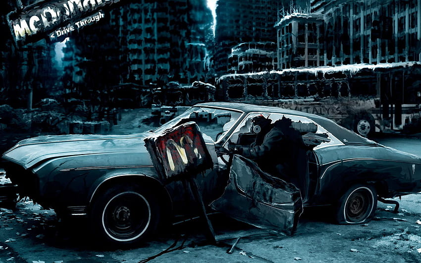 Rysunek postapokaliptyczny, zepsuty samochód, zrywanie łańcuchów Tapeta HD