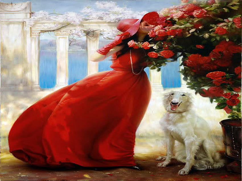painting, dog, red, beauty, blossom HD wallpaper